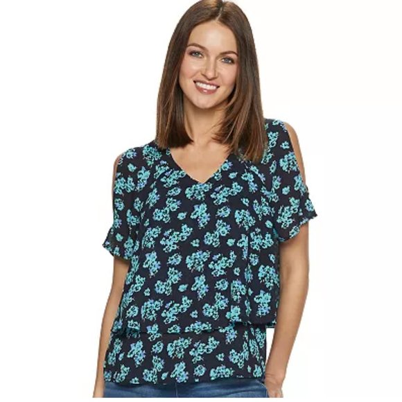 Juicy Couture Layered Ruffled V-Neck Black/Aqua/Purple Cold Shoulder Flowy Top - Picture 1 of 8